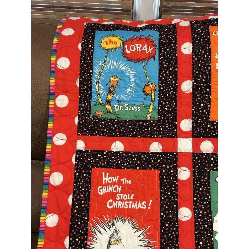 Hand Quilted Kids Quilt Dr Seuss Theme Multi Color Stitching 40” X 50”   Books